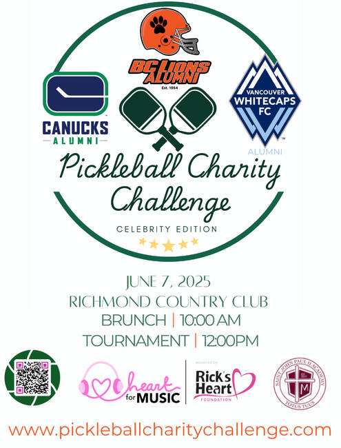Logos of BC Lions Alumni, Canucks Alumni, and Vancouver Whitecaps FC with text about Pickleball Charity Challenge event