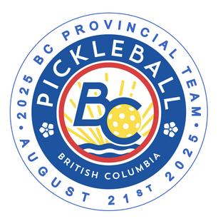 Circular logo with "2025 BC Provincial Team August 21st 2025" around a central design featuring "BC," a yellow pickleball