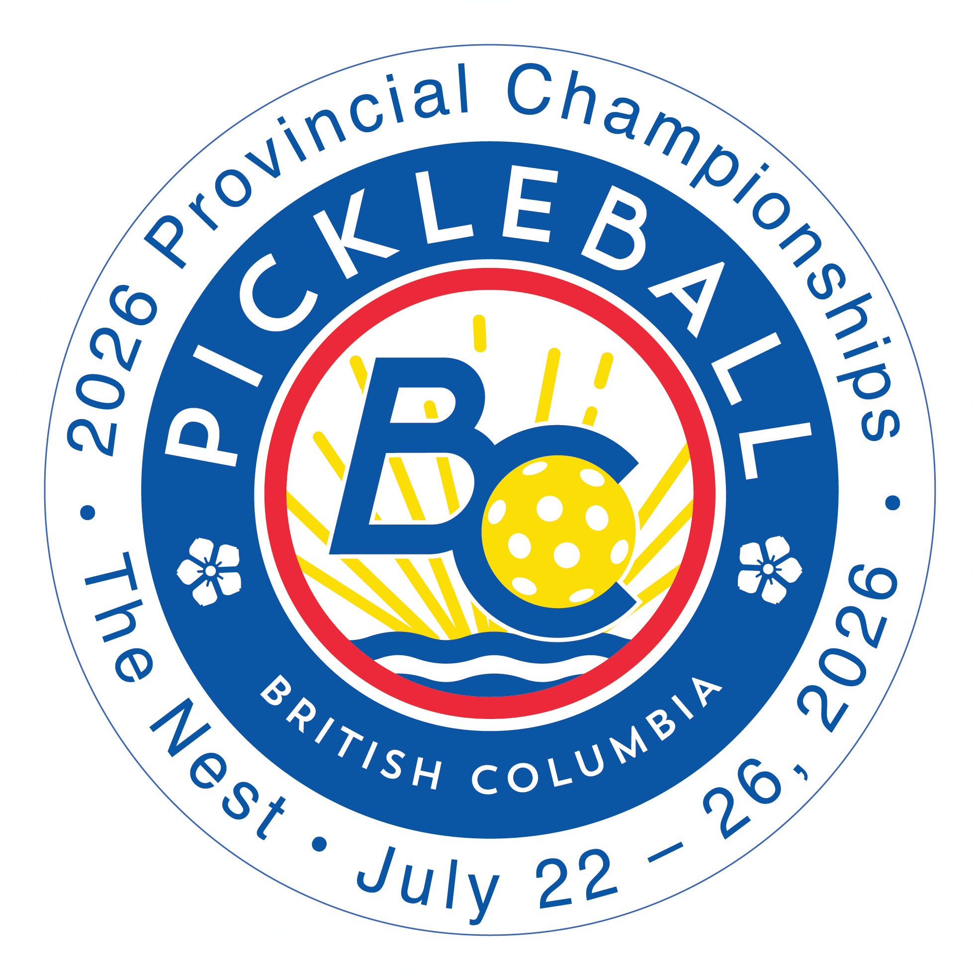 Circular logo for 2026 Pickleball BC Provincials with yellow ball, sun rays, waves, and event dates July 22-26, 2026.