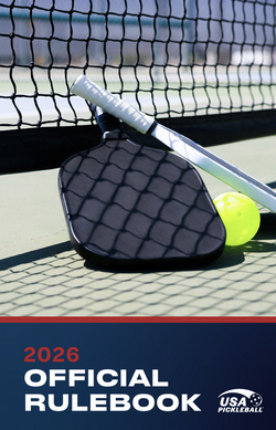 2026 Official Pickleball Rulebook cover with paddle, ball, and net on a pickleball court background.