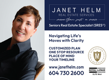 Janet Helm smiling, with text about real estate services, seniors plan, and contact information on a white and blue