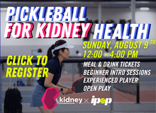 Promotional graphic for Pickleball for Kidney Health event on Sunday, August 9, 12-4 PM, with registration info.