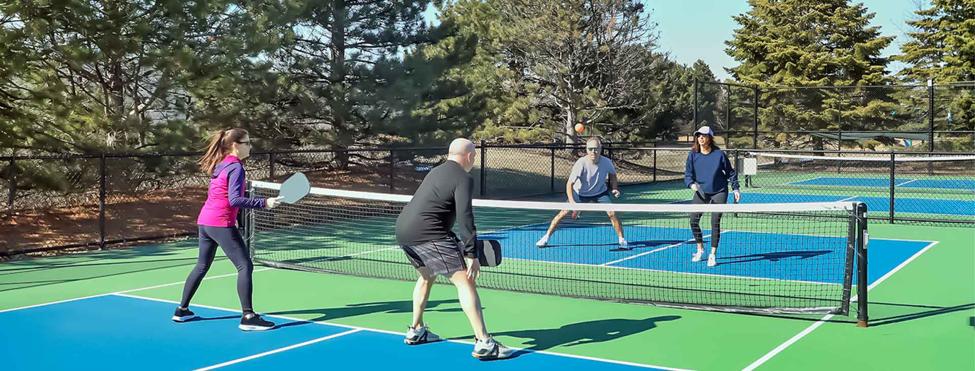 Four people playing doubles pickleball on an outdoor court surrounded by trees on a sunny day.