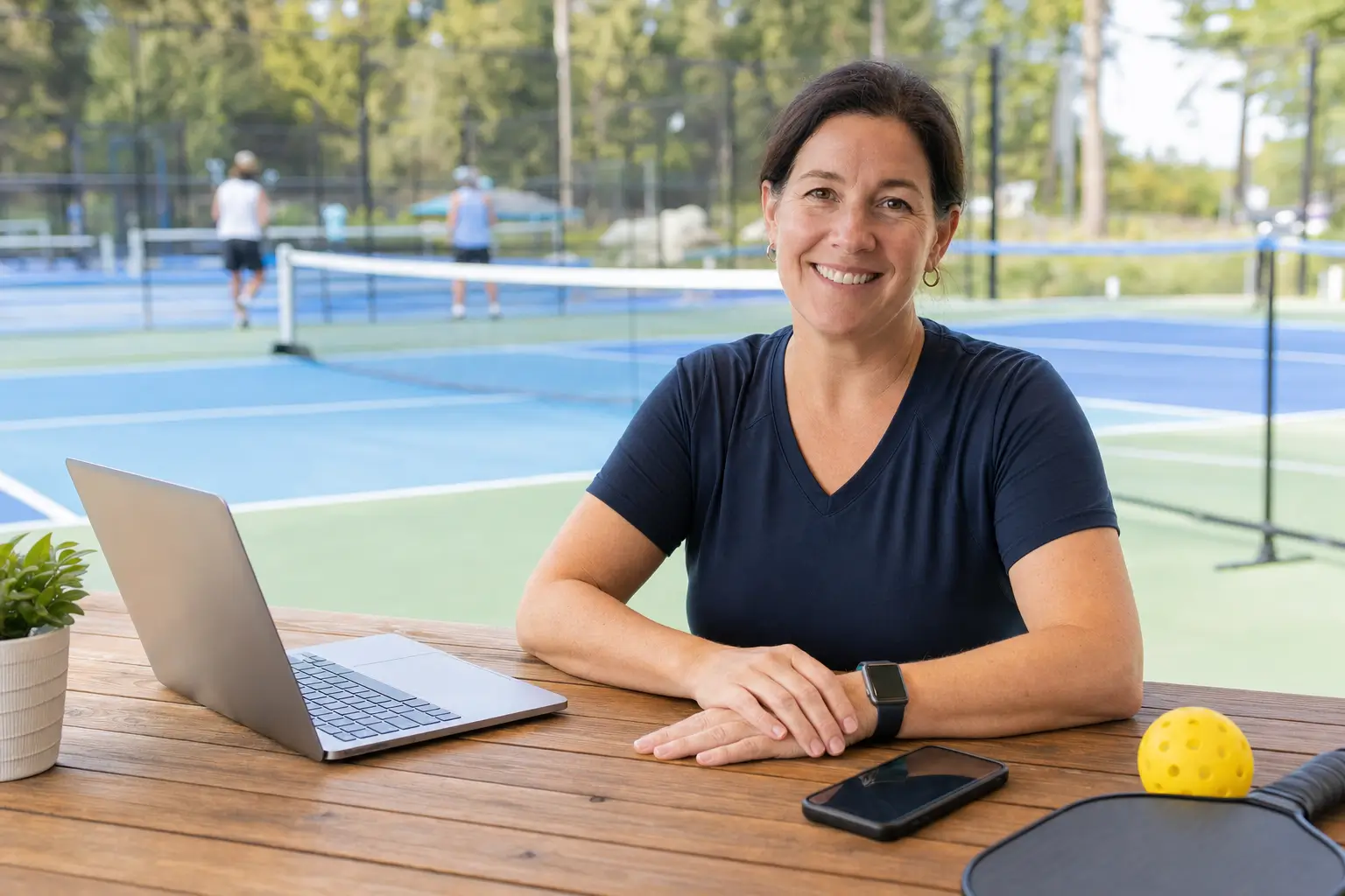 Woman in navy shirt sitting at wooden table with laptop, smartphone, pickleball paddle, and ball, tennis courts in background
