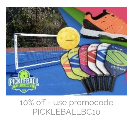 Pickleball paddles in various colors, a yellow pickleball, an orange shoe, and a pickleball court with a net.